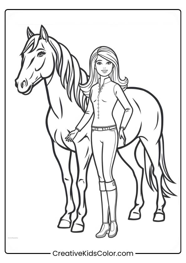 Barbie And Horse Coloring Page