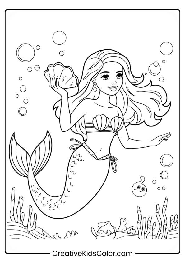 Barbie Mermaid Holding A Seashell Underwater Surrounded By Bubbles And Fish In This Playful Coloring Page.