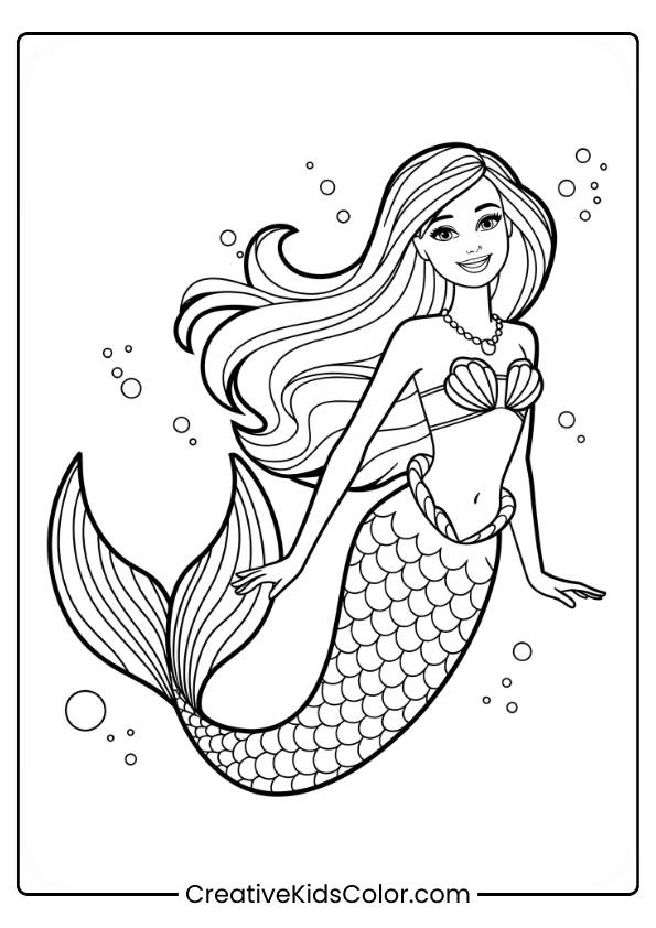 Barbie Mermaid Swimming Gracefully Underwater With Bubbles In This Calming Coloring Page.