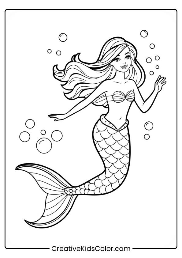 Barbie Mermaid Swimming Underwater With Bubbles And A Detailed Tail In This Coloring Page.