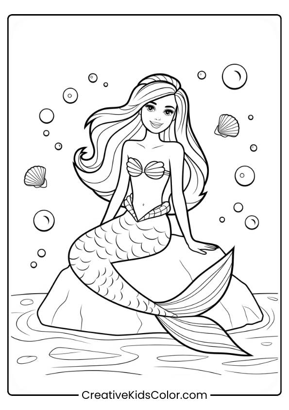 Barbie Mermaid Sitting On A Rock With Bubbles And Seashells In This Peaceful Coloring Page.