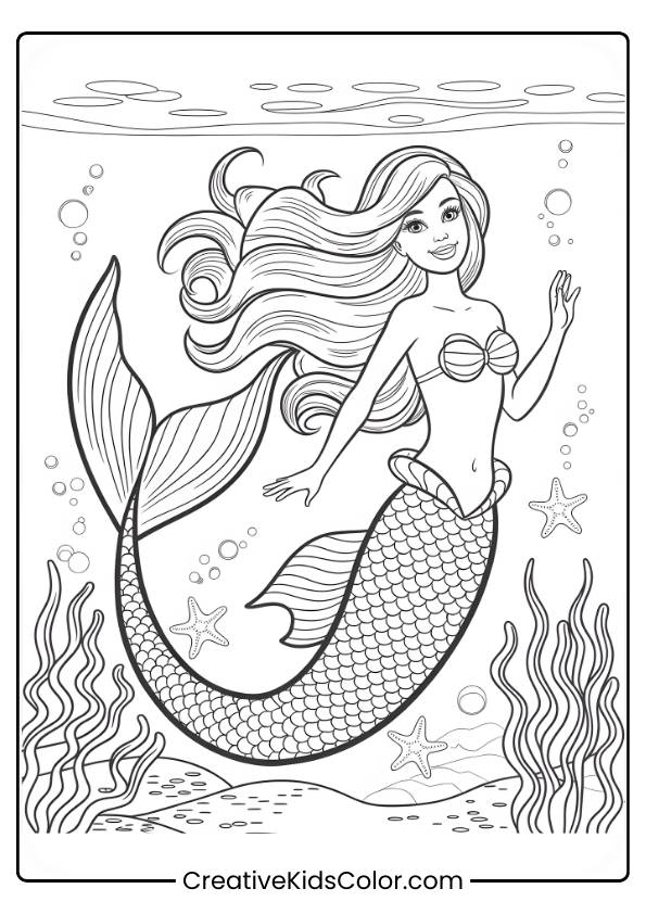 Barbie Mermaid Swimming Underwater Surrounded By Starfish And Seaweed In This Colorful Coloring Page.