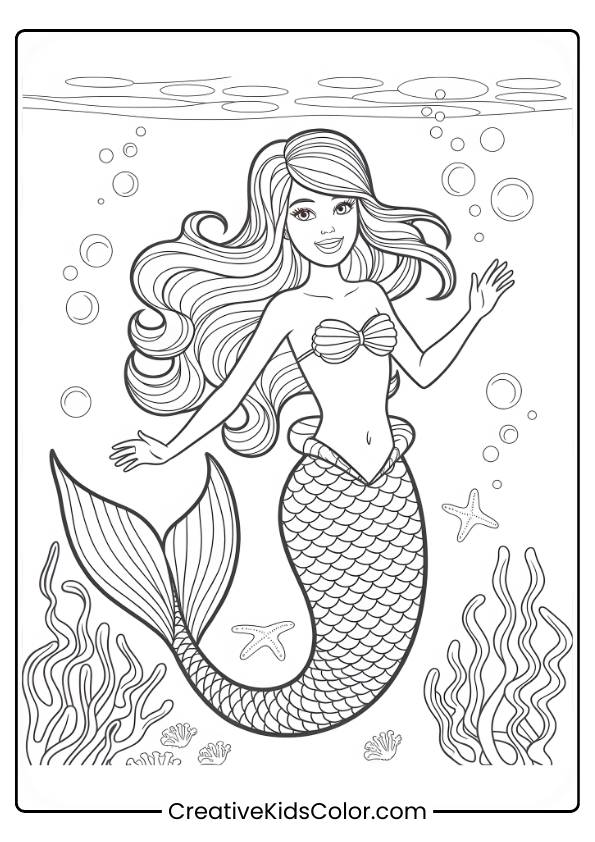 Barbie Mermaid Swimming Underwater Surrounded By Marine Creatures And Bubbles In This Coloring Page.