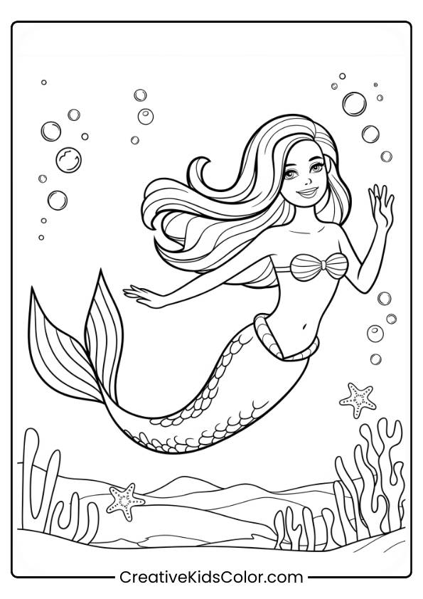 Barbie Mermaid Swimming With Bubbles And Coral Formations In This Vibrant Coloring Page.