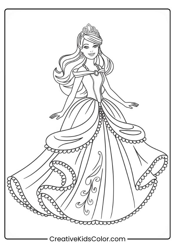 Prinzessin Ausmalbild Mit Barbie, Die In Einem Eleganten Kleid Und Mit Tiara Anmutig Die Hand Ausstreckt.
