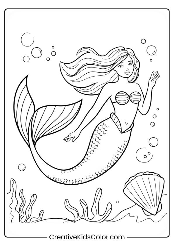 Beautiful Mermaid Swimming With Bubbles And Seaweed In This Ocean-Themed Coloring Page.