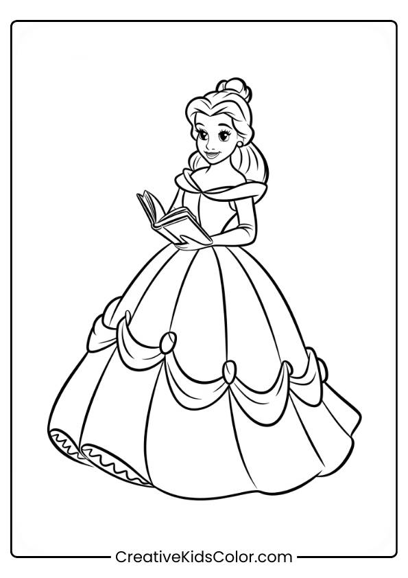 Disney Prinzessin Ausmalbild Mit Belle, Die In Einem Ballkleid Lächelt Und Ein Buch Hält.

