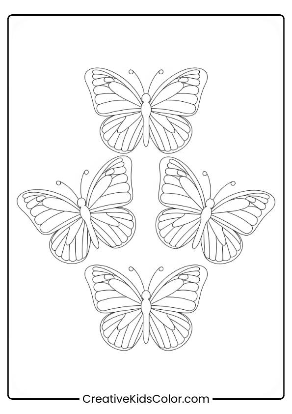 Schmetterlings Ausmalbild Mit Vier Symmetrisch Angeordneten Schmetterlingen Mit Detaillierten Schwarz-Weißen Flügelmustern.
