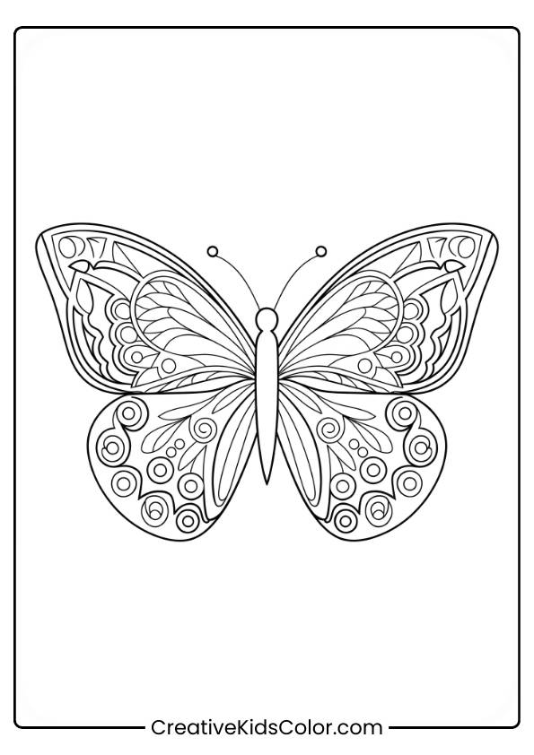 Schmetterlings Ausmalbild Mit Einem Detaillierten Schmetterling, Dessen Filigrane, Symmetrische Flügelmuster Sich Ideal Für Erwachsene Eignen.
