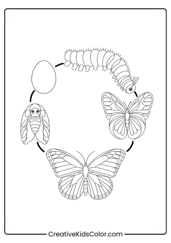 Schmetterlings Ausmalbild Mit Einer Illustration Des Lebenszyklus Eines Schmetterlings: Ei, Raupe, Puppe Und Erwachsener Schmetterling.
