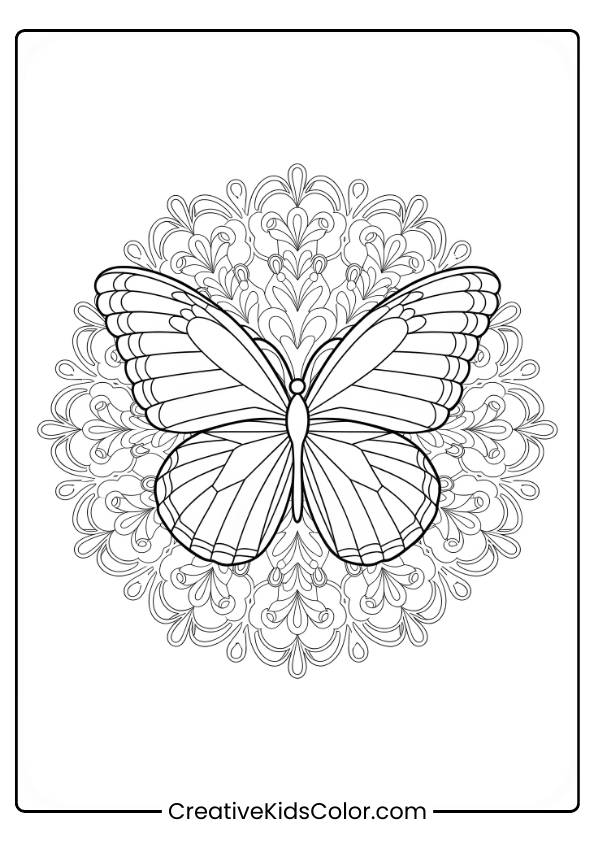 Schmetterlings Ausmalbild Mit Einem Kunstvollen Schmetterling, Der In Einer Komplexen Mandala-Struktur Mit Symmetrischen Verzierungen Zentriert Ist.
