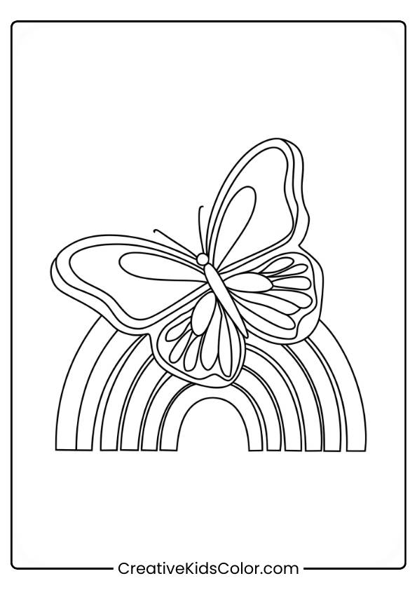 Schmetterlings Ausmalbild Mit Einem Kunstvollen Schmetterling, Der Auf Einem Monochromen, Halbkreisförmigen Regenbogen Sitzt.
