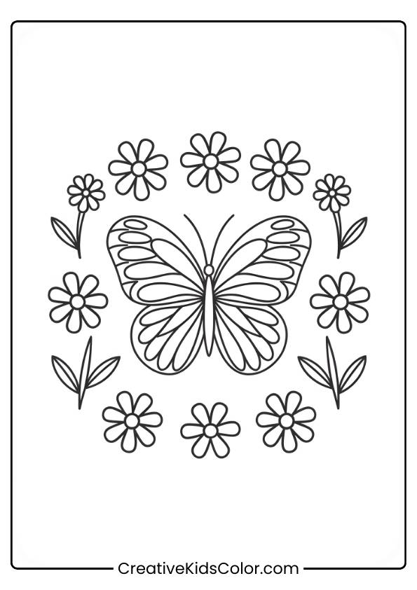 Schmetterlings Ausmalbild Mit Einem Zentralen Schmetterling, Umgeben Von Einer Kreisförmigen Anordnung Symmetrischer Blumen In Schwarz-Weiß.
