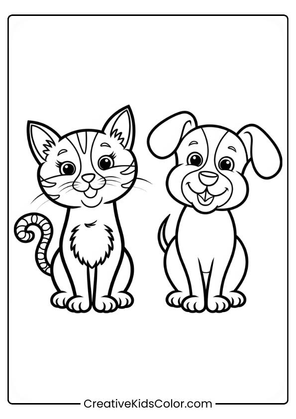Cat And Puppy Duo Sitting Side By Side In A Coloring Page.