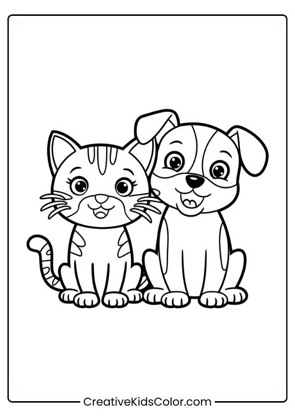 Katzen Ausmalbild Mit Einer Fröhlichen Katze Und Einem Verspielten Welpen, Die Nebeneinander Sitzen.
