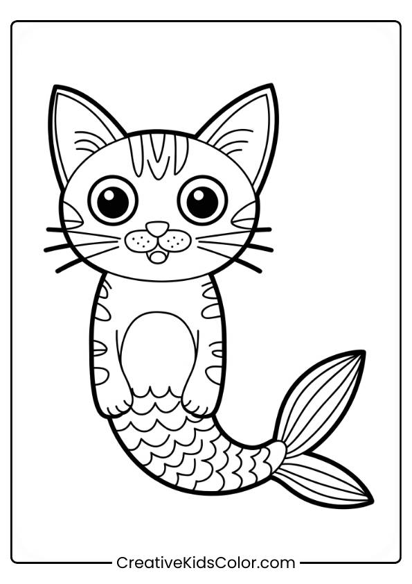 Cat Mermaid Sitting Upright With A Bow And A Curled Tail In This Cute Black And White Coloring Page.
