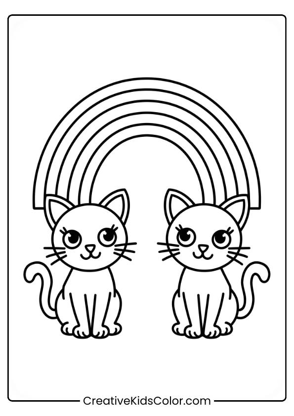 Katzen Ausmalbild Mit Zwei Identischen Katzen, Die Unter Einem Regenbogen Sitzen, Mit Großen Augen Und Spitzen Ohren.
