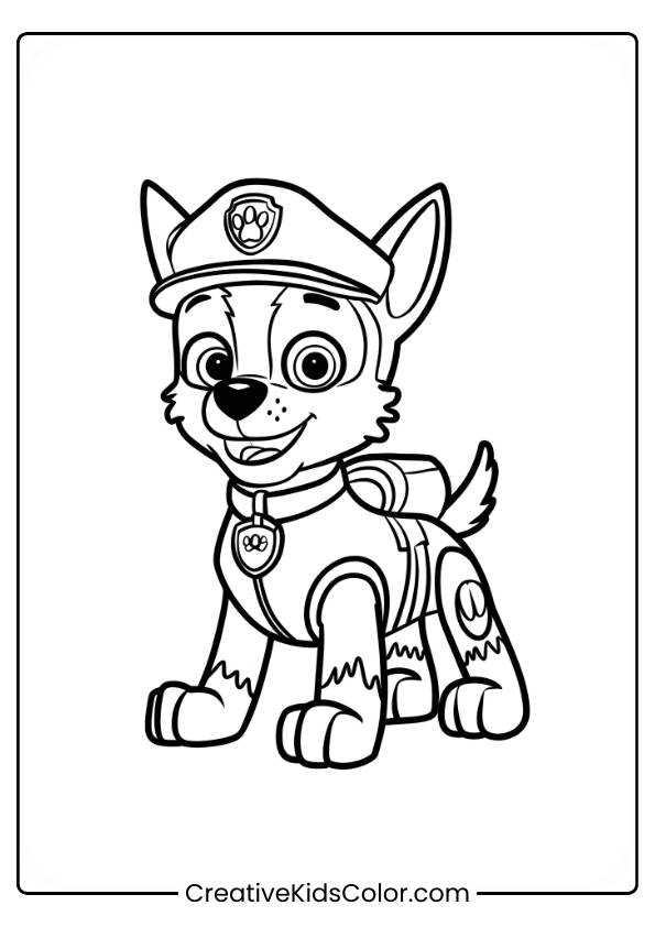 Paw Patrol Ausmalbild Mit Chase, Der Auf Allen Vieren Steht, Mit Mütze Und Uniform.
