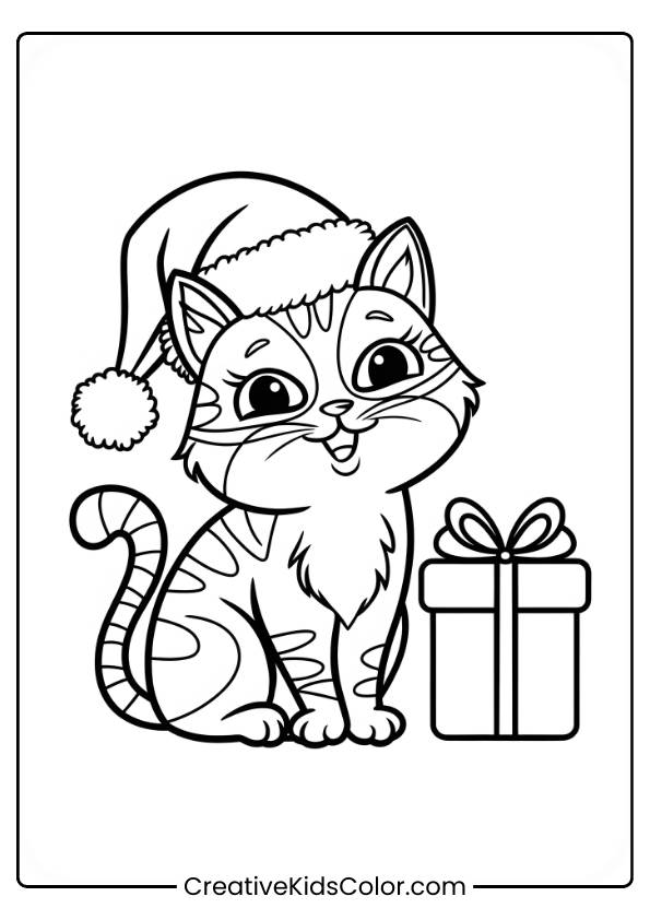 Katzen Ausmalbild Mit Einer Festlichen Katze, Die Eine Weihnachtsmütze Trägt Und Neben Einer Geschenkbox Mit Schleife Sitzt.

