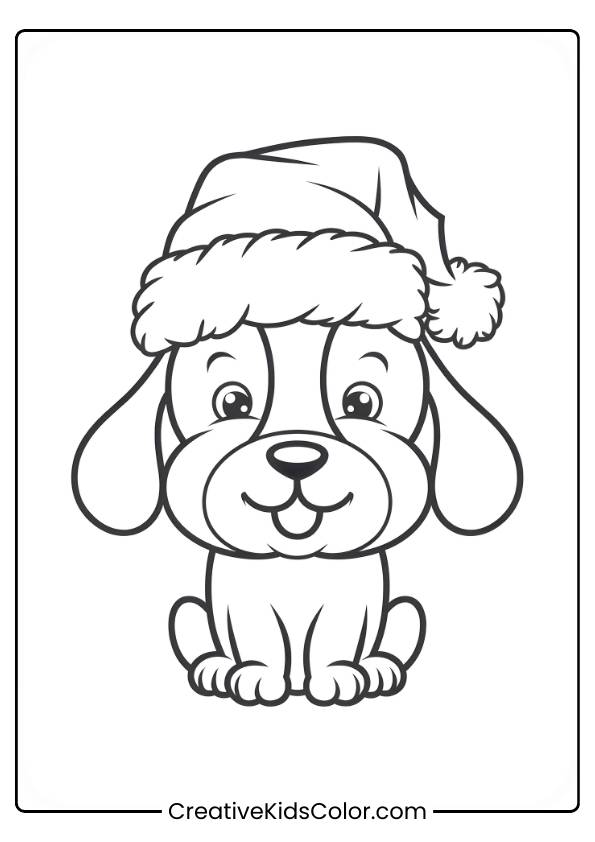 Dog Wearing A Santa Hat Sitting With A Cheerful Expression In A Christmas Dog Coloring Page.