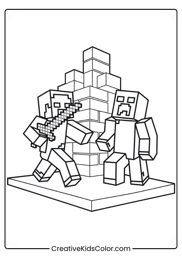 Two Minecraft Characters, One With A Sword And The Other In A Defensive Stance, Are Set In An Action-Packed Scene On A Platform.