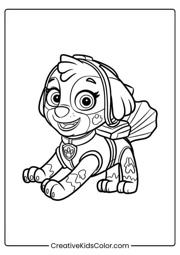 Paw Patrol Ausmalbild Mit Coral, Die Nach Vorne Rennt, Mit Buschigem Schwanz Und Einem Abzeichen Am Halsband.
