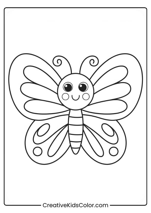 Schmetterlings Ausmalbild Mit Einem Niedlichen Schmetterling, Der Große Gemusterte Flügel Und Ein Freundliches Gesicht Hat, Vor Einem Schlichten Hintergrund.

