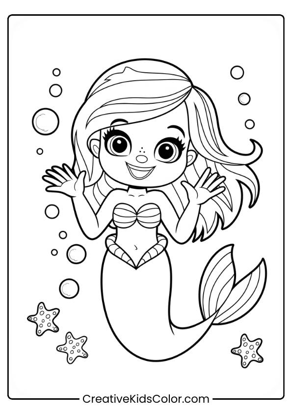 Cute Mermaid Swimming With Expressive Eyes And Surrounded By Bubbles In This Simple Coloring Page.