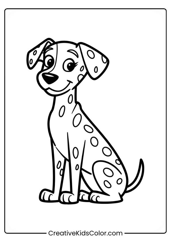 Dalmatian With Black Spots Sitting Upright With Perked-Up Ears In A Dog Coloring Page.