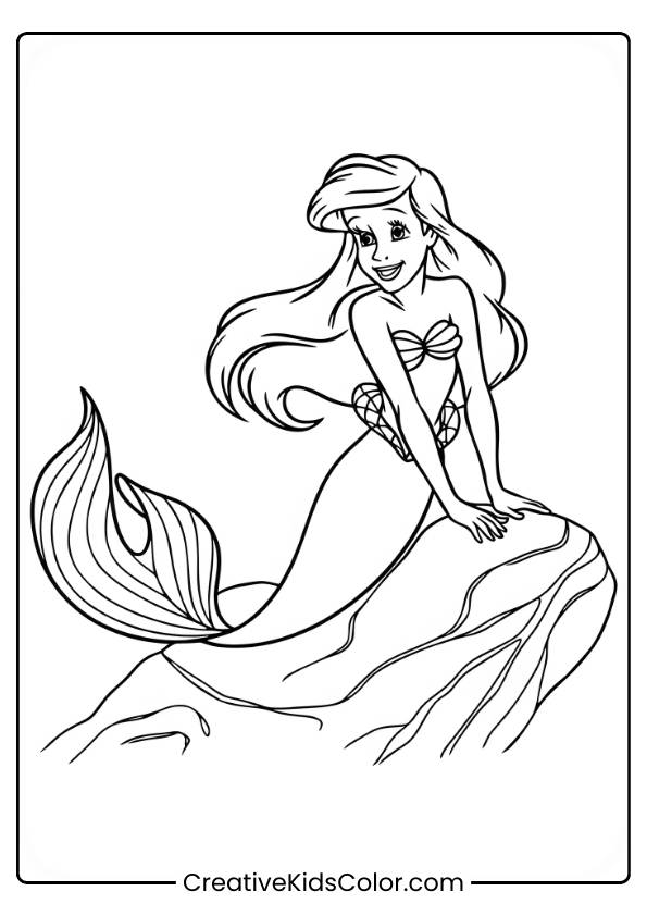 Disney Prinzessin Ausmalbild Mit Arielle, Die Auf Einem Felsen Sitzt, Ihren Meerjungfrauenschwanz Zeigt Und Strahlend Lächelt.
