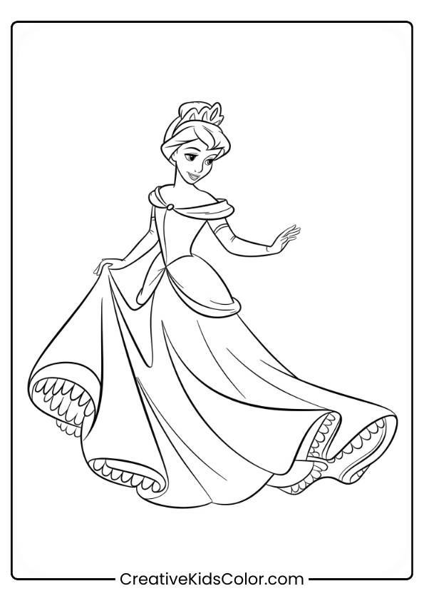 Disney Princess Coloring Page Featuring A Princess In A Gown And Crown, Holding Her Dress Gracefully.