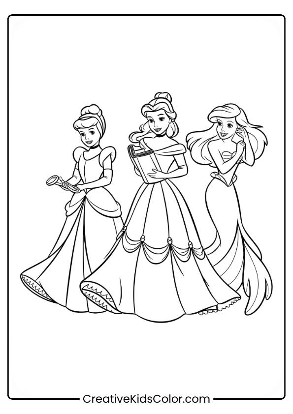 Disney Prinzessin Ausmalbild Mit Drei Prinzessinnen, Eine Hält Einen Gegenstand, Eine Hat Ein Buch Und Eine Trägt Ein Meerjungfrauenkleid.
