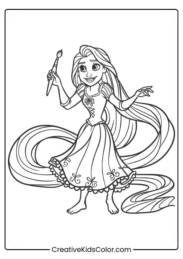 Disney Prinzessin Ausmalbild Mit Rapunzel, Die Lächelnd Einen Pinsel Hält, Während Ihr Langes Haar Fließt.
