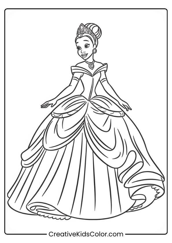Disney Prinzessin Ausmalbild Mit Tiana, Die Selbstbewusst In Einem Ballkleid Und Mit Einer Tiara Lächelt.
