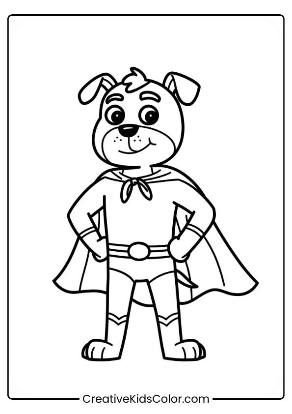 Superhero Dog Man Dressed In A Cape And Superhero Costume In A Dog Coloring Page.