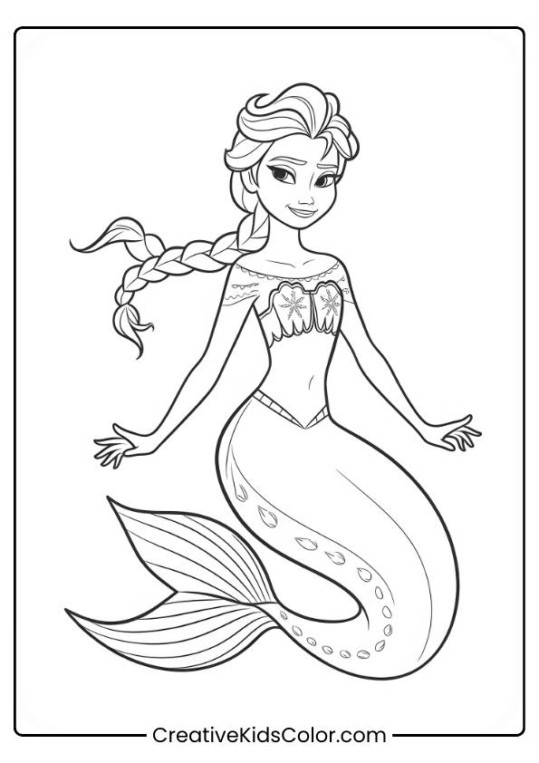 Elsa Mermaid With A Snowflake-Patterned Tail And Braided Hair Swimming Gracefully In This Coloring Page.