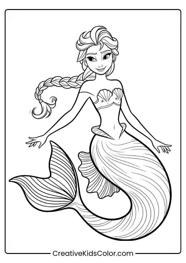 Elsa Mermaid With A Braided Hairstyle And Detailed Tail Swimming Underwater In This Enchanting Coloring Page.