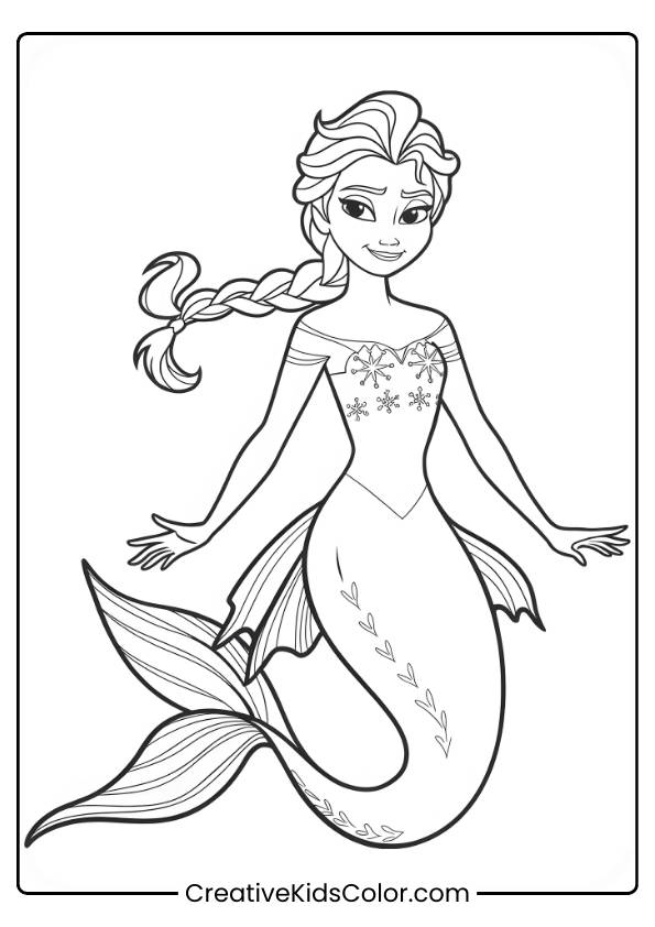Elsa Mermaid Swimming Gracefully With A Shimmering Tail And Braided Hair In This Magical Coloring Page.