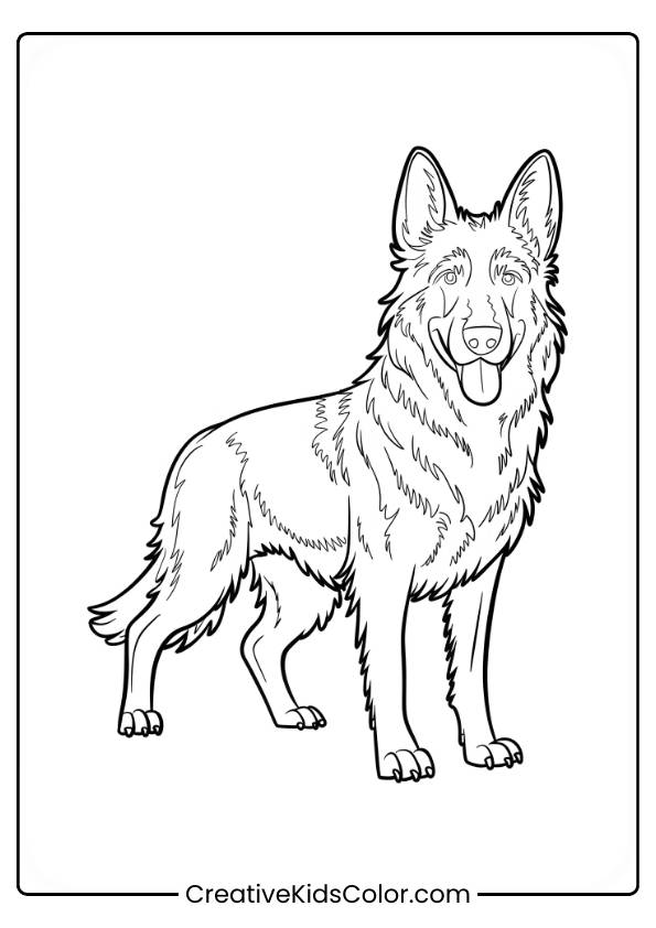 Shepherd Standing Upright With Pointed Ears And A Friendly Expression In A Dog Coloring Page.