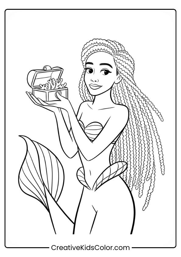 Halle Bailey Mermaid Holding A Treasure Chest Underwater With Shimmering Jewels In This Enchanting Coloring Page.