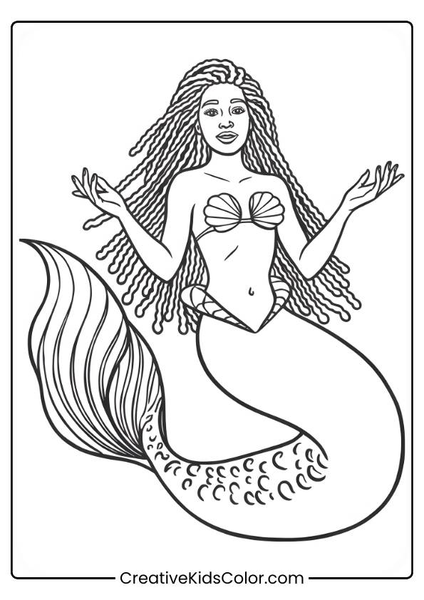 Halle Bailey Mermaid Swimming Gracefully With A Curled Tail And Braided Hair In This Detailed Coloring Page.