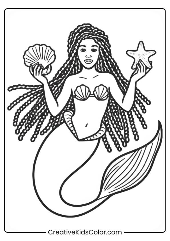 Halle Bailey Mermaid Swimming Underwater With A Seashell And Starfish In This Beautiful Coloring Page.