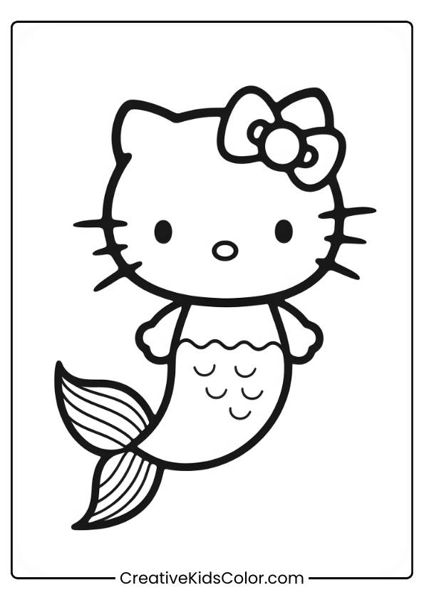 Hello Kitty Mermaid Swimming Gracefully With A Bow And Detailed Scales In This Black And White Coloring Page.