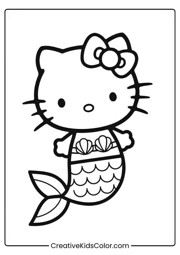 Hello Kitty Mermaid Swimming With Bubbles And A Bow In This Fun Black And White Coloring Page.