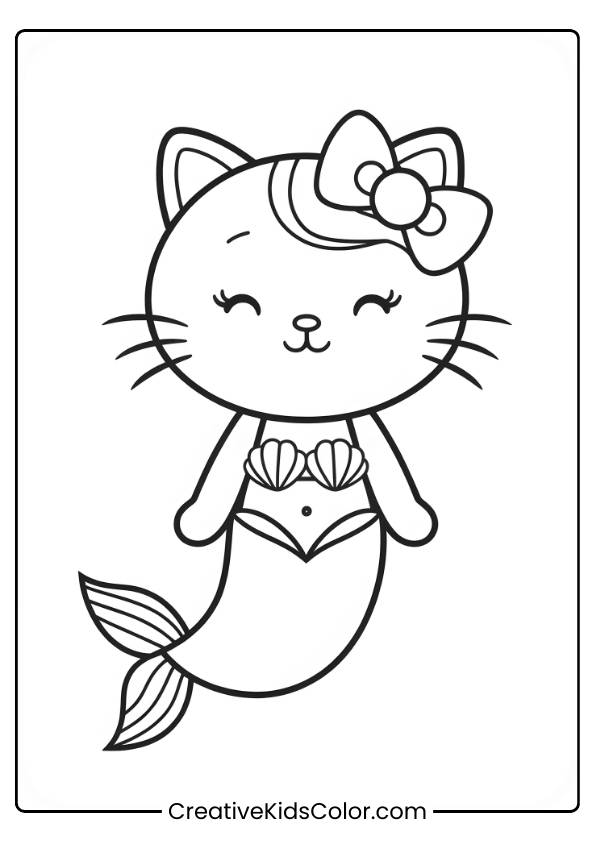 Cat Mermaid Swimming Gracefully With A Bow And Shell-Decorated Tail In This Playful Coloring Page.