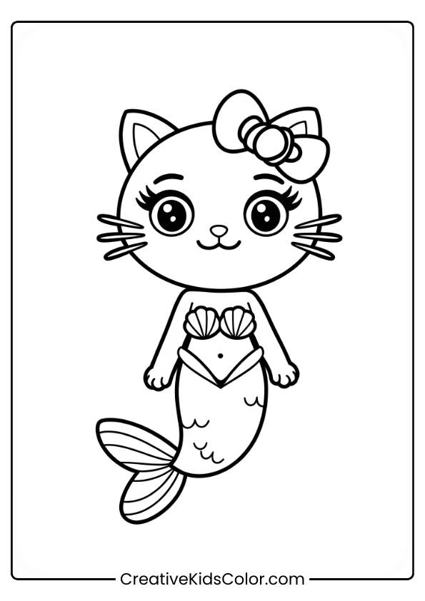 Cat Mermaid Standing With A Bow And A Curled Tail In This Cute Black And White Coloring Page.