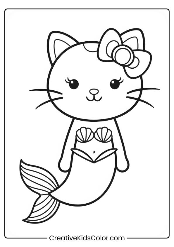 Cat Mermaid Sitting With A Bow And A Curled Tail In This Cute Black And White Coloring Page.