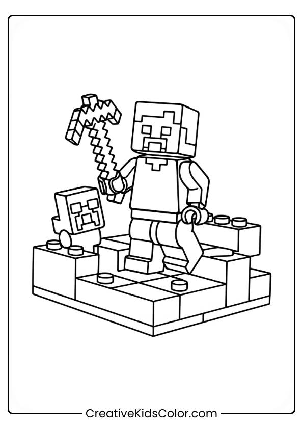 A Pixelated Minecraft Character, Holding A Pickaxe, Stands On A Platform Of Connected Blocks, Accompanied By A Smaller Character.