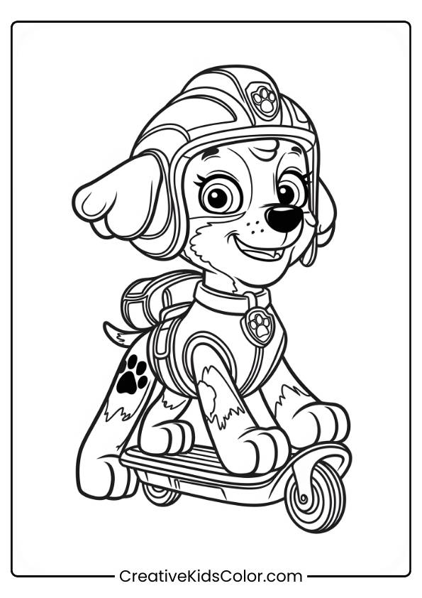 Paw Patrol Ausmalbild Mit Liberty, Die Fröhlich Auf Einem Skateboard Fährt, Mit Helm Und Rucksack.
