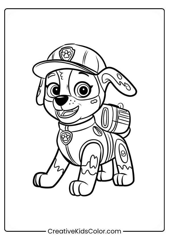 Paw Patrol Ausmalbild Mit Marshall, Der Aufrecht Steht, Mit Rucksack Und Bereit Für Action.
